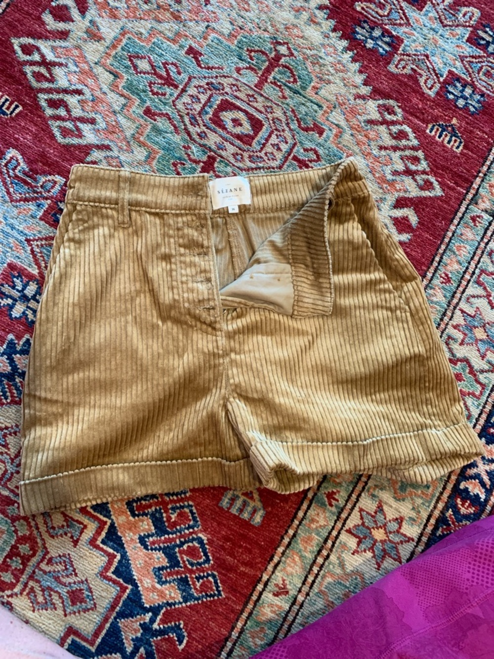 Sezane Corduroy High-Waist Shorts in Camel Brown